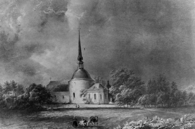 Bromma kyrka - litografi efter oljemålning av K J Fahlcrantz-Wikipedia Bromma kyrka - litografi efter oljemålning av K J Fahlcrantz, Wikipedia